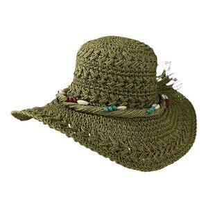 Vintage Sun' n' Sand Crochet Straw Hat Green Boho Beaded Shell Bucket Sun Hat Y2